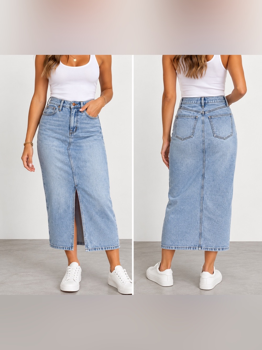 👖 Madewell Light Wash Denim Maxi Midi Skirt Size 24 High Rise Front Slit